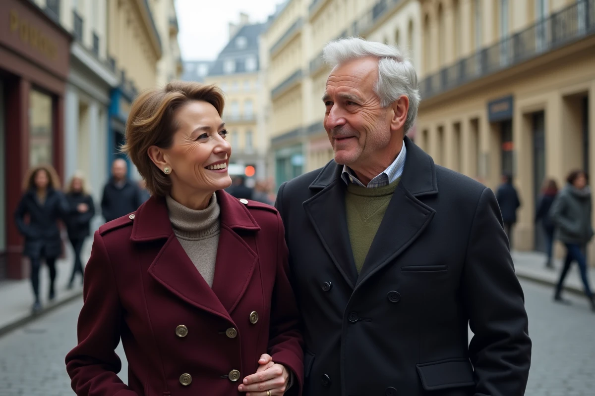 Couple mature et élégant se promenant dans les rues pavées de Paris, complicité et vie commune dévoilée