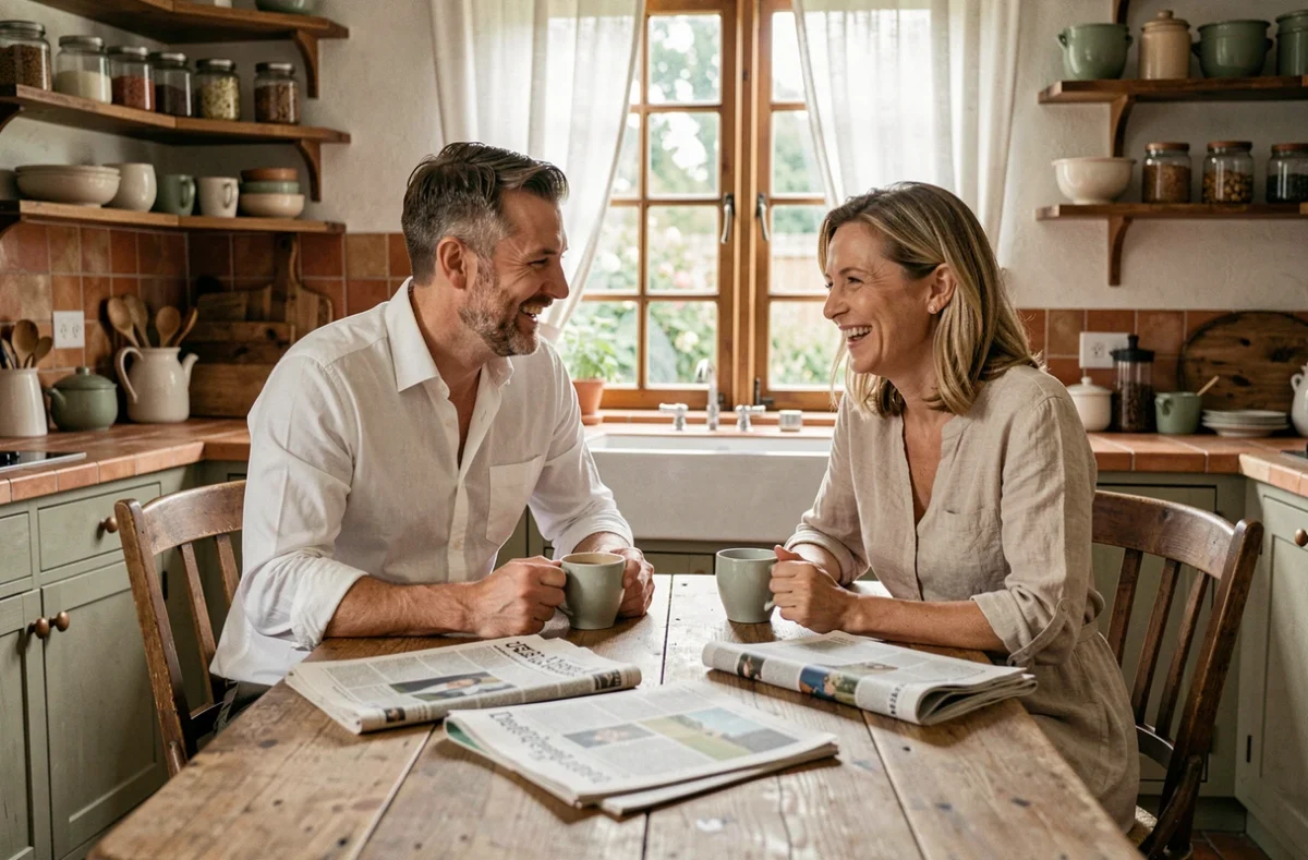 Couple complice et détendu partageant un café à la maison, symbolisant l'équilibre entre vie privée et notoriété médiatique