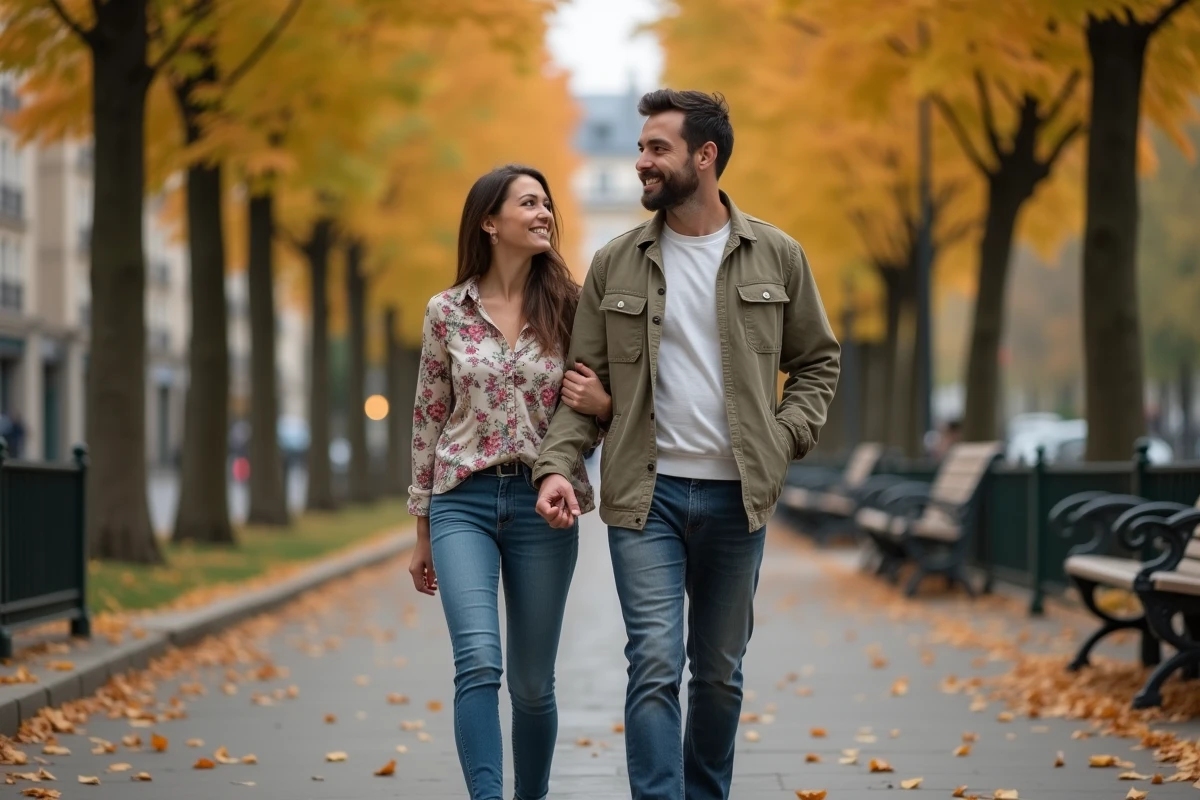 Couple se promenant sur un boulevard parisien en automne, feuilles dorées et atmosphère familiale naturelle