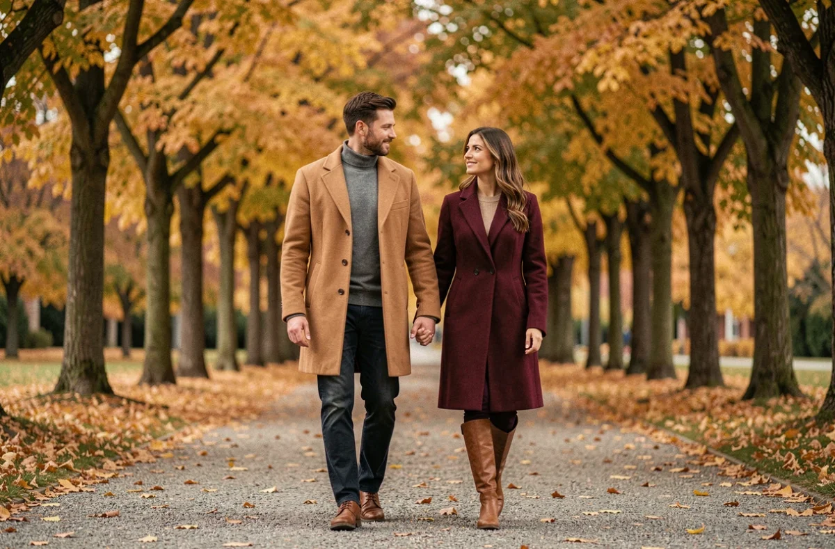 Couple élégant se promenant main dans la main dans un parc en automne, évoquant la discrétion et la complicité d'une relation sous l'œil du public