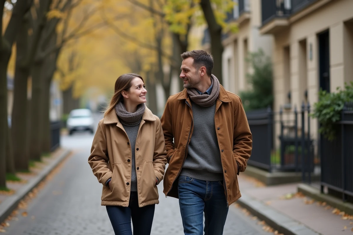 Couple se promenant dans une rue pavée parisienne, illustrant une vie de couple discrète loin des médias