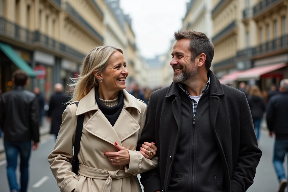 Couple se promenant et riant ensemble dans les rues de Paris, représentant la complicité amoureuse