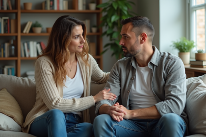 Femme et homme dans un salon lumineux exprimant des émotions