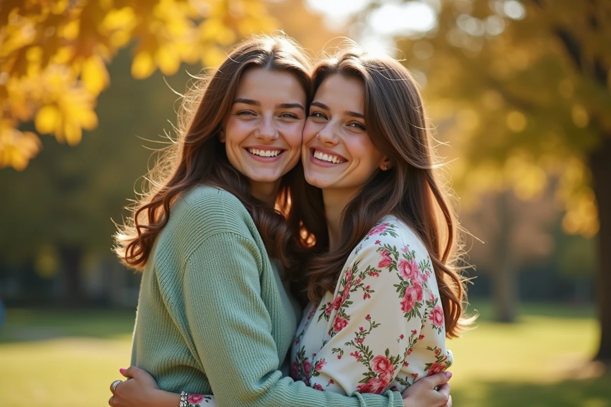 Deux cousines souriantes qui s'embrassent dans un parc en automne, exprimant une tendresse authentique