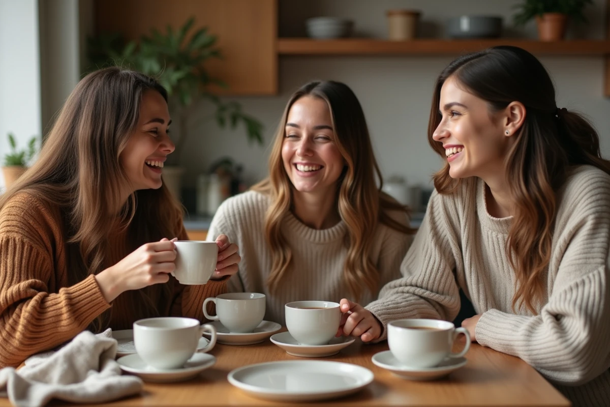 Trois cousines réunies autour d'une table de cuisine en bois, riant ensemble autour d'un café lors d'un moment familial