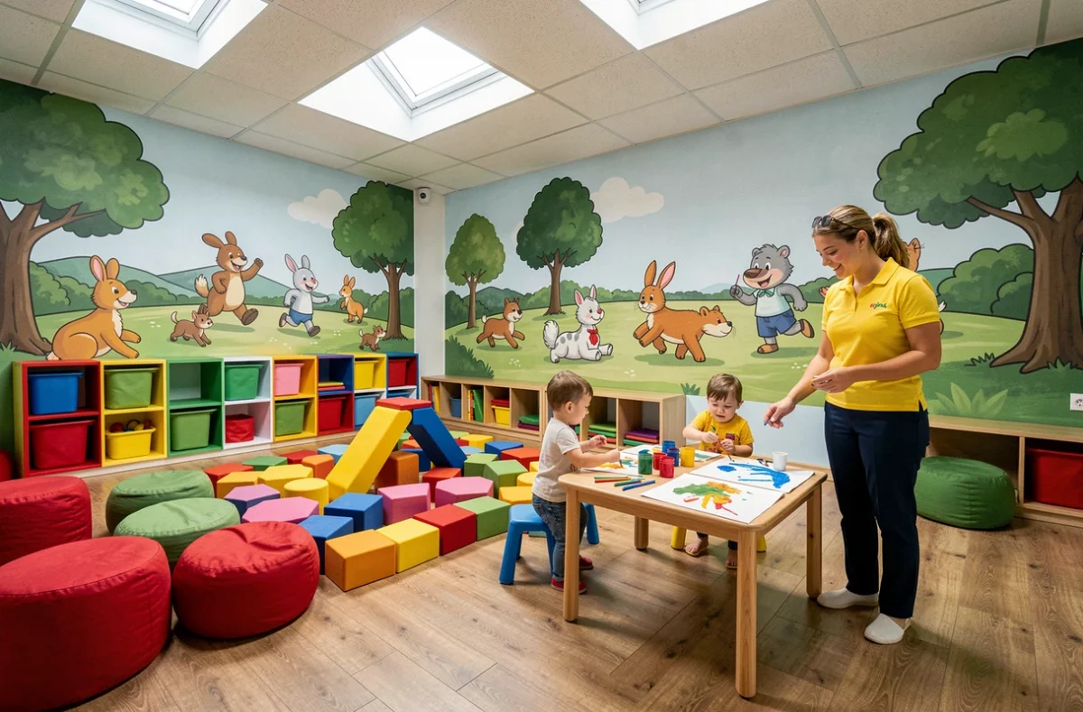 Éducatrice supervisant une activité peinture avec un enfant dans la crèche Baby Récré à Rouen
