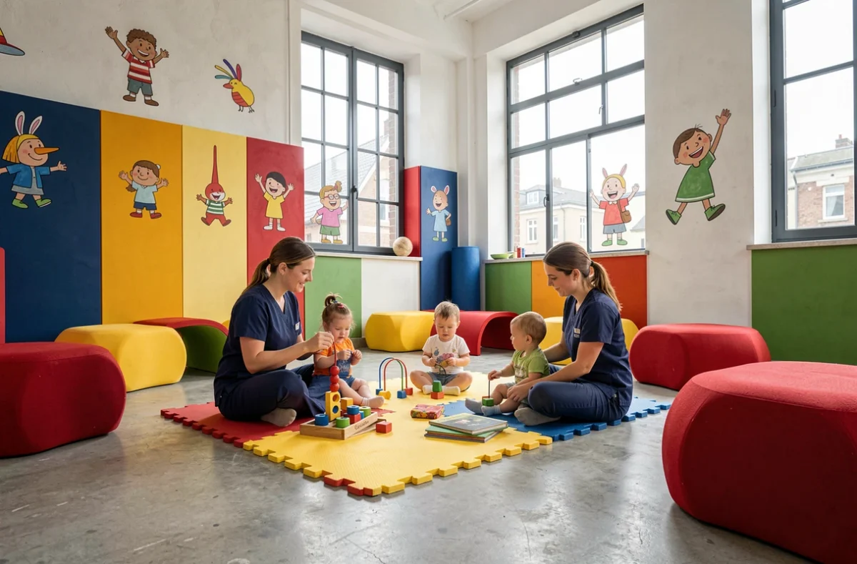 Puéricultrices et tout-petits en activité sensorielle dans la crèche Les Bouilles En Vadrouille au Havre