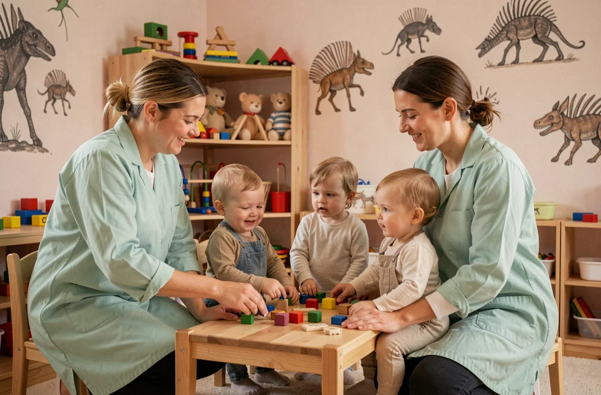 Salle d'accueil chaleureuse de la crèche Les Cro'Mignons - Les Chérubins à Maromme avec des éducatrices et des tout-petits autour d'une table d'activités