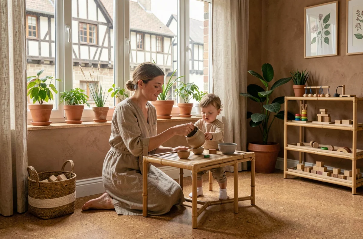 Éducatrice guidant un enfant dans un exercice Montessori dans la crèche écologique Terre des Enfants à Rouen