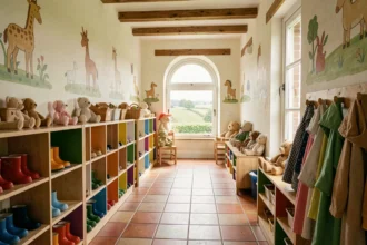 Couloir chaleureux d'une crèche normande avec petits casiers colorés, bottes de pluie alignées et murales d'animaux peintes à la main