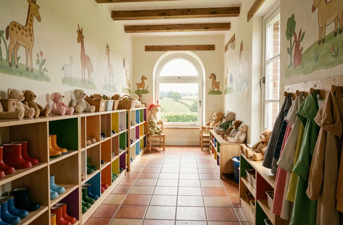 Couloir chaleureux d'une crèche normande avec petits casiers colorés, bottes de pluie alignées et murales d'animaux peintes à la main