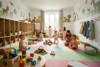 Vue d'ensemble d'une salle de jeux colorée dans une crèche de Seine-Maritime avec des tout-petits jouant sous la supervision de professionnels de la petite enfance