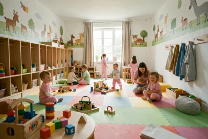 Vue d'ensemble d'une salle de jeux colorée dans une crèche de Seine-Maritime avec des tout-petits jouant sous la supervision de professionnels de la petite enfance