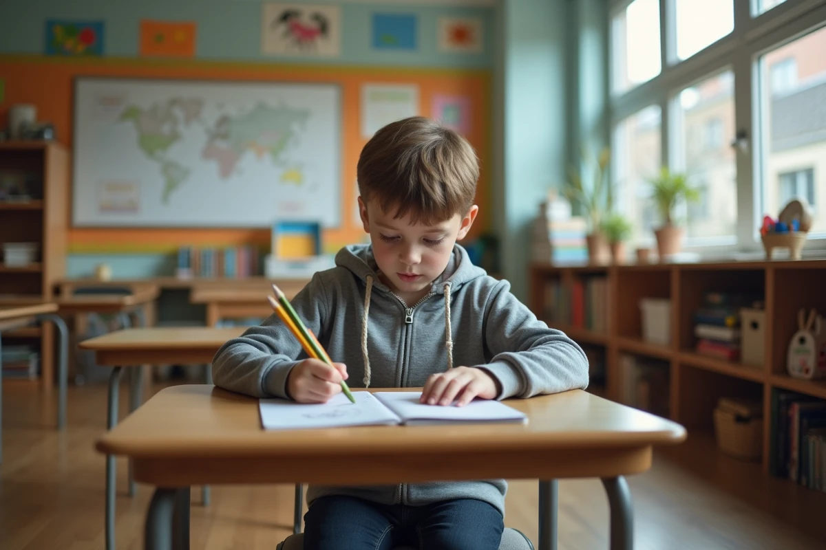 Un enfant travaille seul dans une salle de classe d'une école spécialisée adaptée aux troubles du comportement