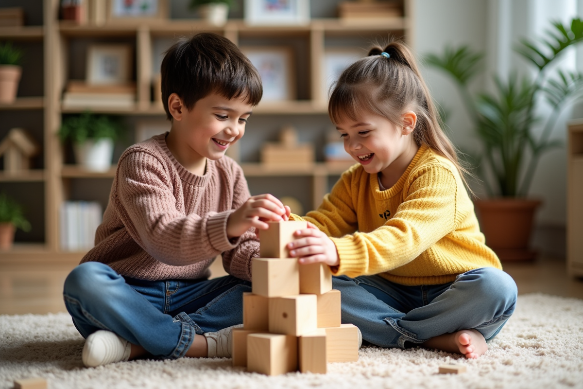 Garçon et fille construisant une tour de blocs en bois dans un salon