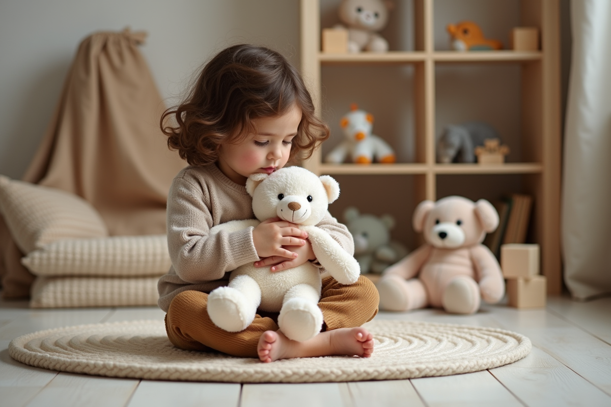 Jeune fille de 4 ans avec peluche en train de faire semblant de dormir