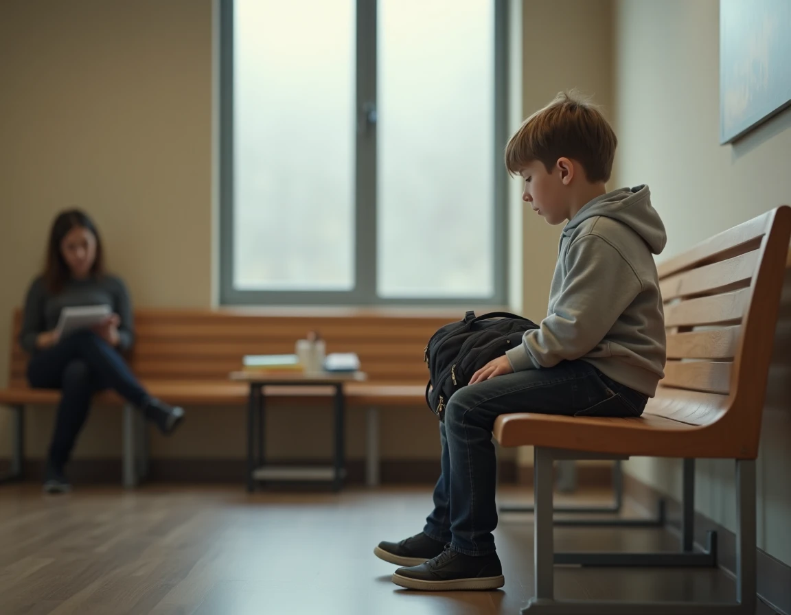 Enfant attendant dans une salle de visite médiatisée accompagné d'une travailleuse sociale