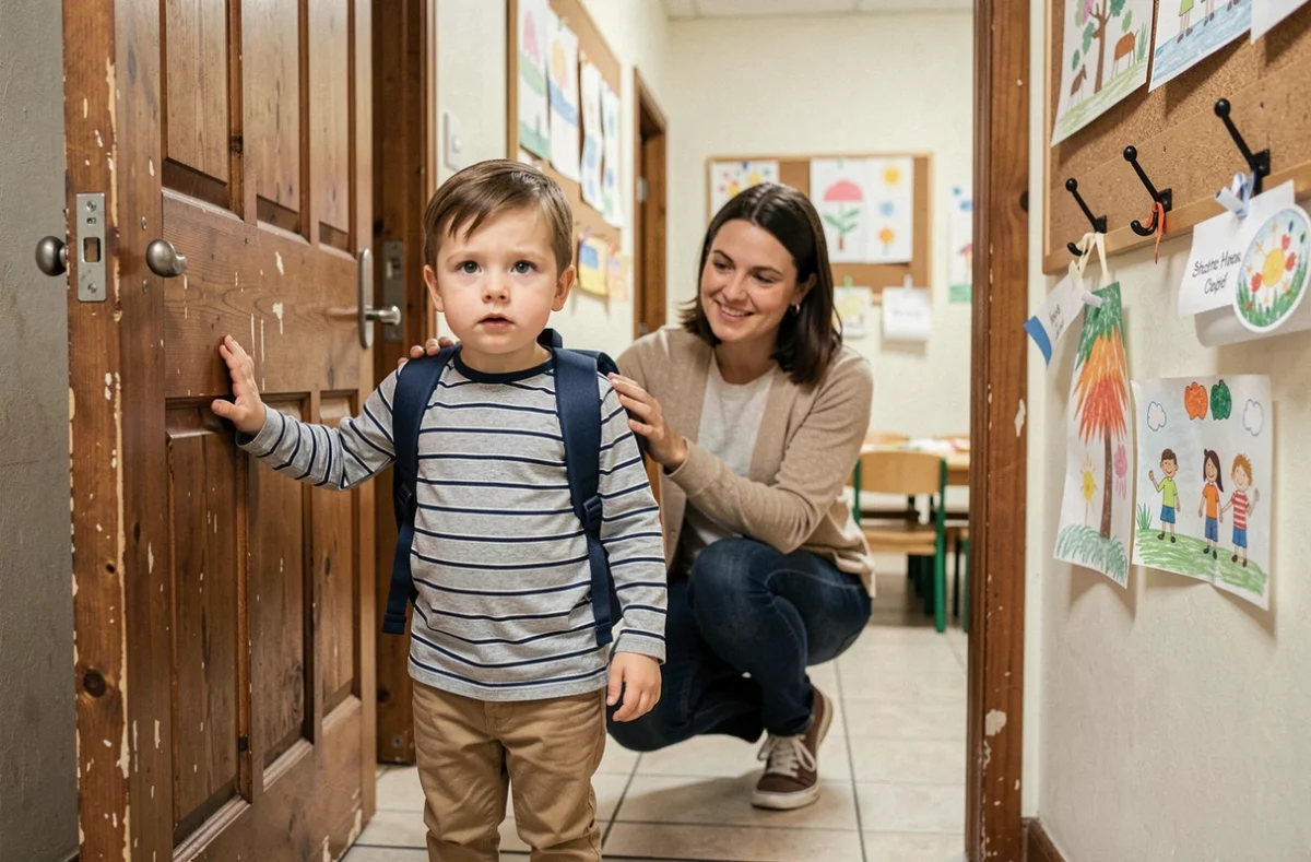 Petit garçon à l'entrée de sa classe de maternelle avec sa mère lui souriant en arrière-plan