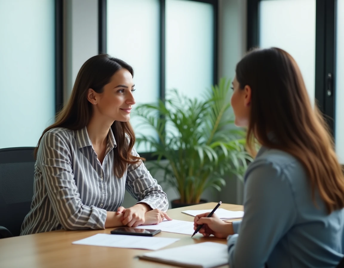 Femme enceinte discutant de son congé maternité et de ses droits salariaux avec une responsable RH en entreprise