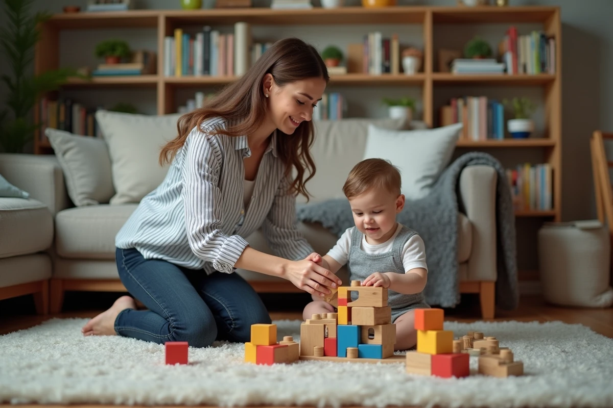 Mère et jeune enfant jouant ensemble avec des cubes en bois dans un salon familial, illustrant l'équilibre entre maternité et présence parentale