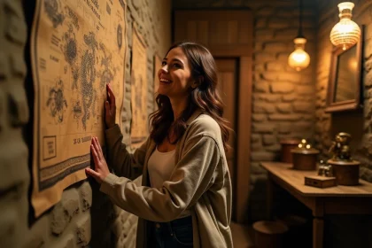 Femme souriante dans une salle d'escape game médiévale à Paris, activité insolite à tester en Île-de-France