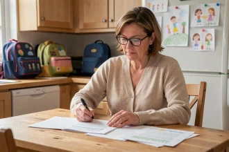 Famille d'accueil : femme agréée lisant attentivement son contrat d'accueil familial à la table de cuisine