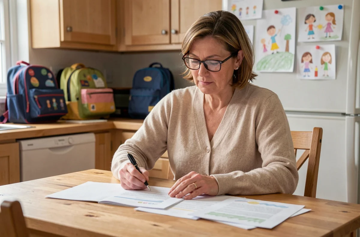 Famille d'accueil : femme agréée lisant attentivement son contrat d'accueil familial à la table de cuisine