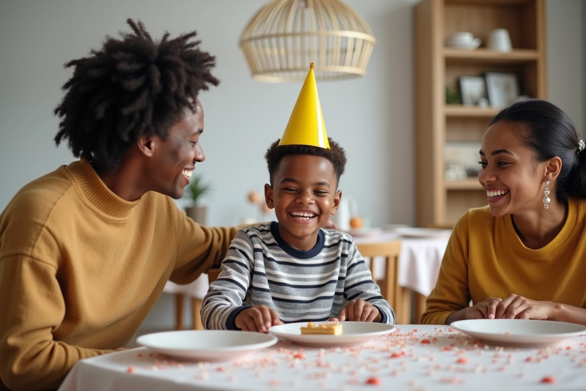 Garçon de 8 ans avec couronne d'anniversaire riant avec ses parents autour d'une table décorée dans une salle à manger moderne