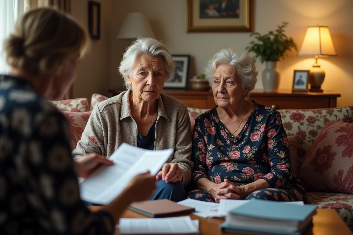 Une fille adulte et sa mère âgée écoutent les conseils d'une assistante sociale pour les aides aux personnes âgées