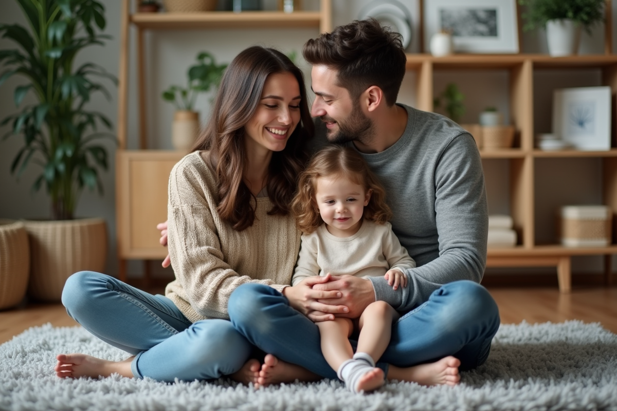 Famille souriante dans un salon chaleureux et cosy