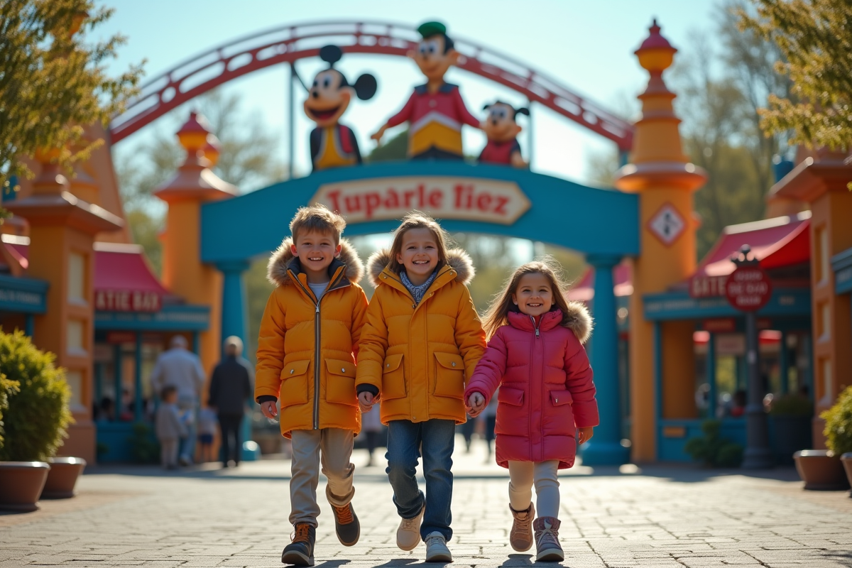 Famille heureuse devant un parc d'attractions coloré