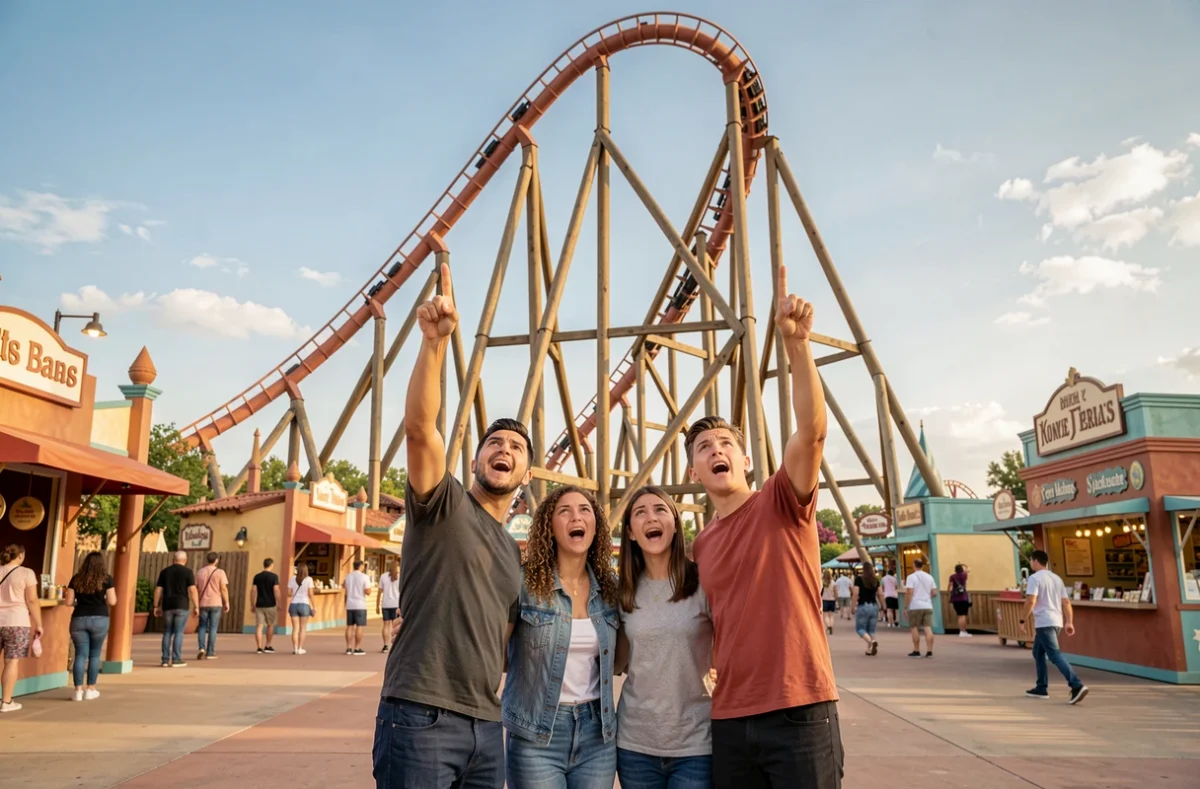 Famille enthousiaste devant un grand roller coaster en bois au parc PortAventura en Espagne