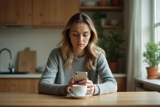 Femme adulte seule dans sa cuisine tenant un téléphone avec une expression distante, illustrant la prise de distance émotionnelle avec ses parents