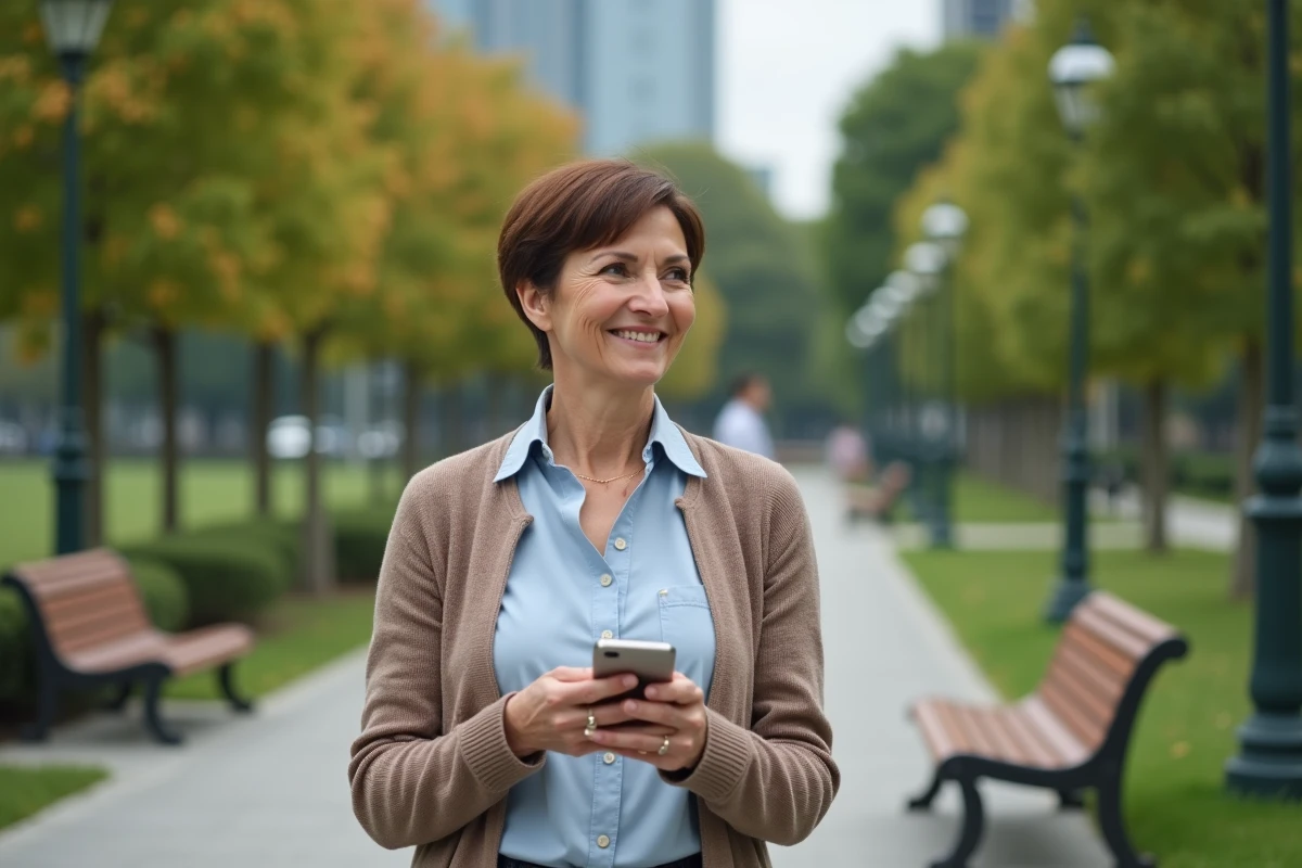Femme marchant dans un parc urbain avec smartphone en main