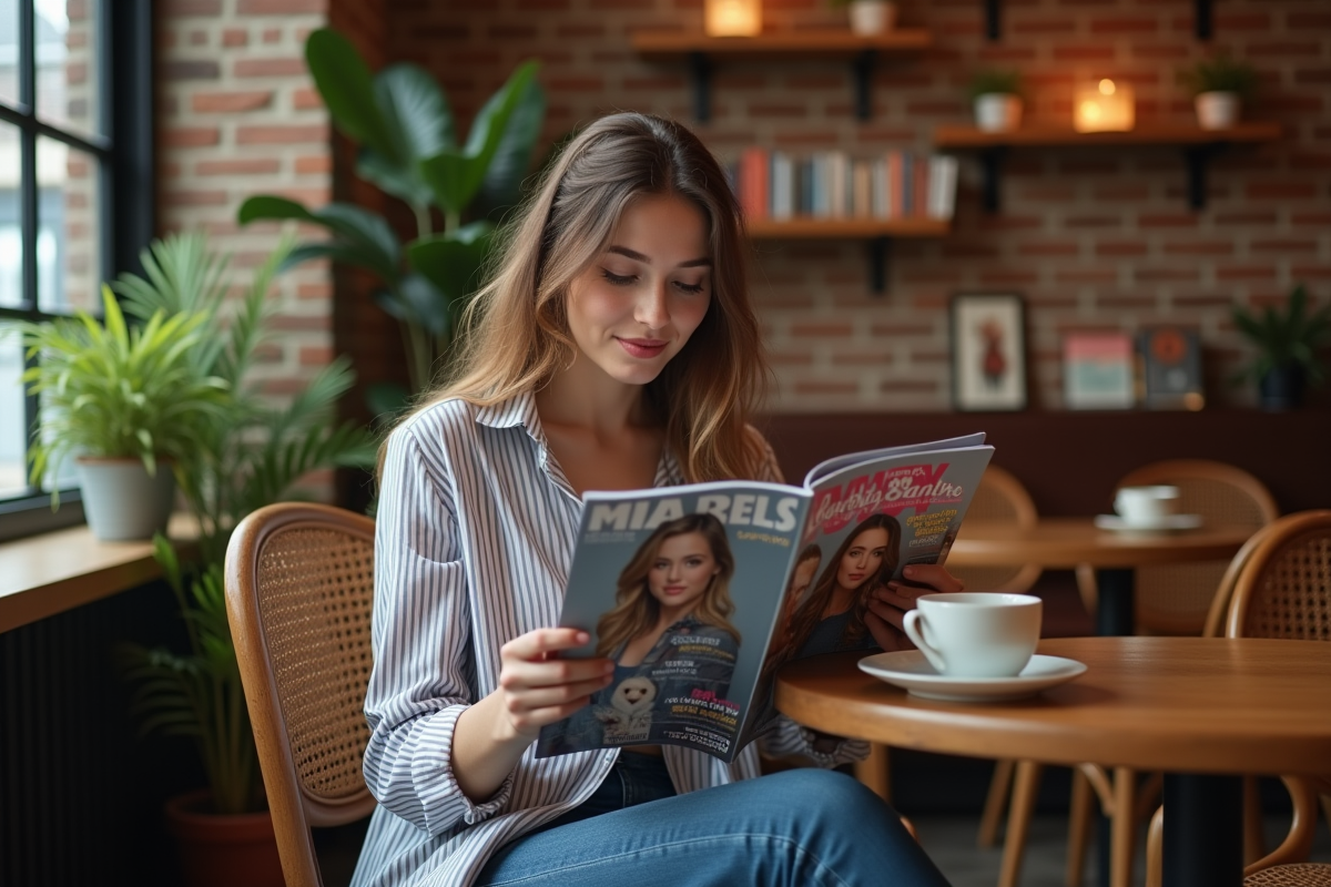 Jeune femme lisant magazine dans un café chaleureux