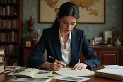 Femme en bureau de recherche avec documents et cartes