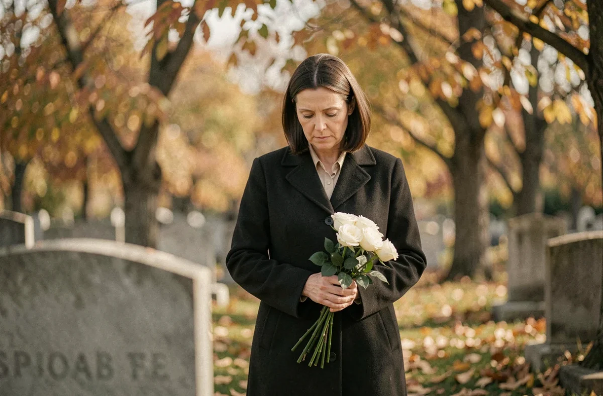 Femme en deuil devant une tombe avec des roses blanches en automne, hommage poétique à une mère disparue