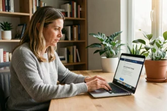 Femme consultant un site de divorce en ligne sur son ordinateur portable dans un bureau à domicile