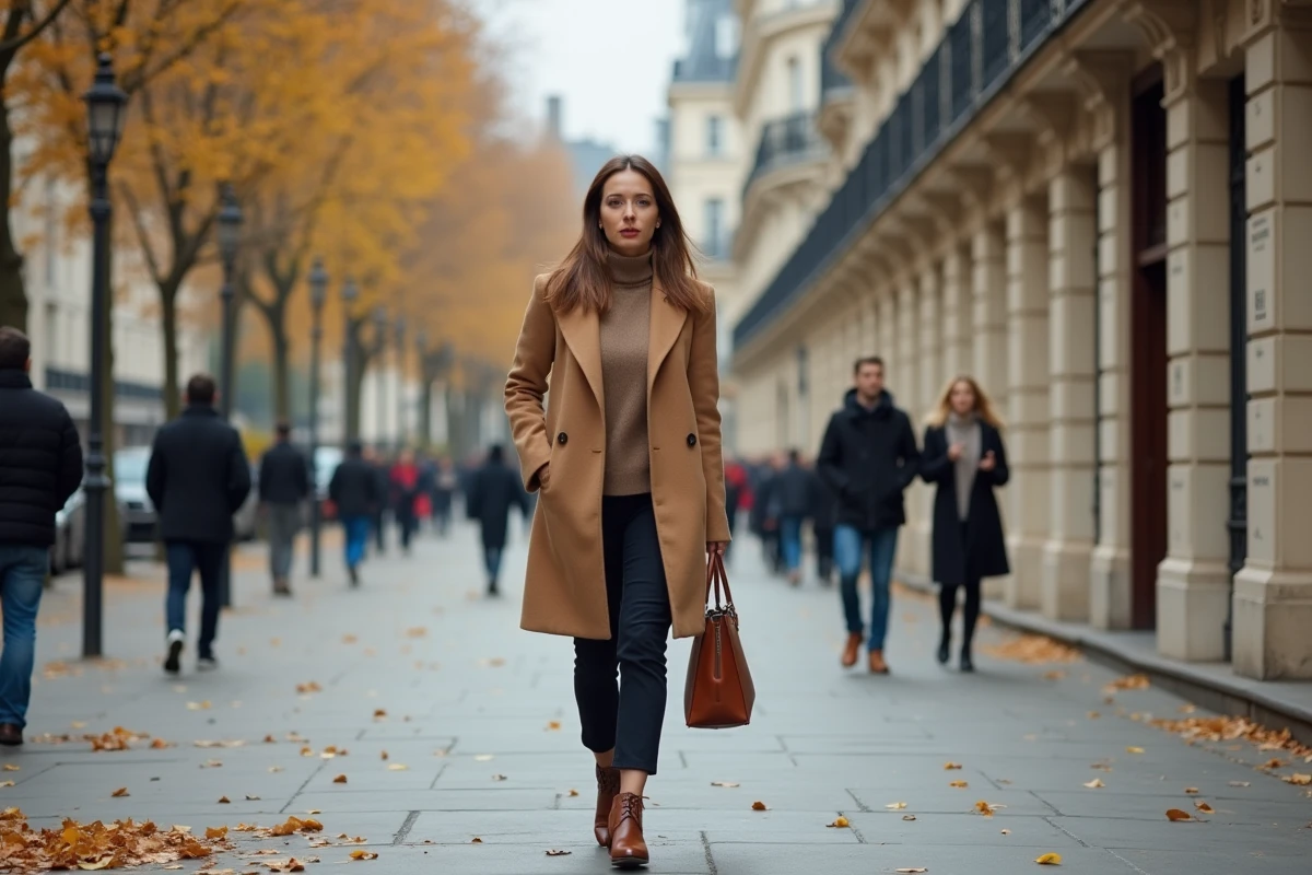 Femme élégante marchant seule sur un boulevard parisien en automne, ambiance urbaine solitaire et professionnelle