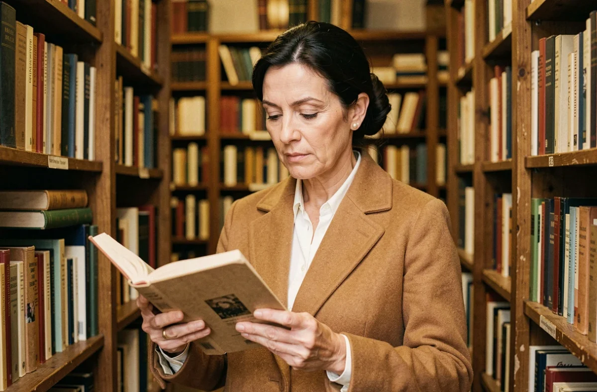Femme élégante dans une librairie parisienne ancienne, portrait éditorial intimiste