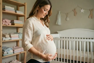 Femme enceinte préparant la chambre de bébé, symbolisant le début du parcours de parentalité