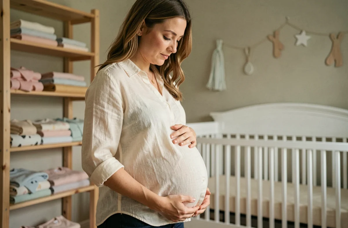 Femme enceinte préparant la chambre de bébé, symbolisant le début du parcours de parentalité