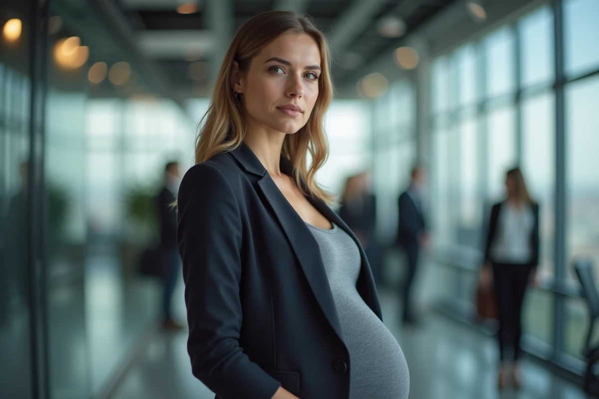 Femme enceinte en tenue professionnelle dans une salle de rédaction moderne, illustrant la vie privée des personnalités médiatiques