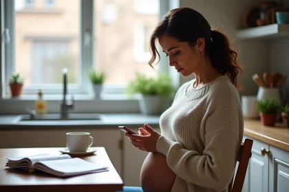 Femme enceinte regardant son smartphone avec brochures de grossesse