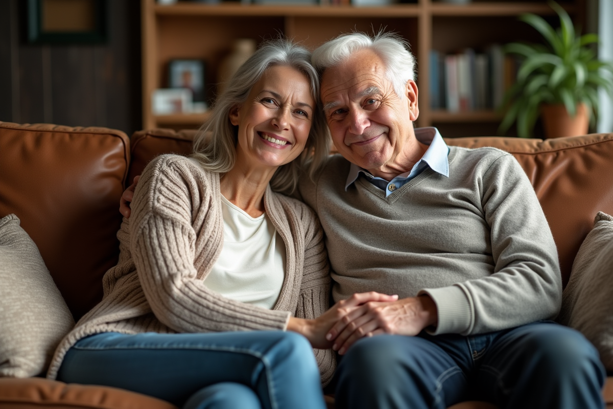 Femme et son père âgé souriants dans un salon chaleureux