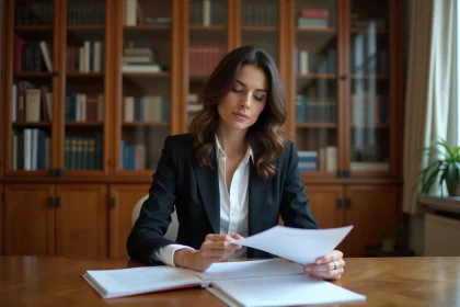 Femme journaliste française professionnelle assise à un bureau parisien consultant des documents, portrait éditorial réaliste