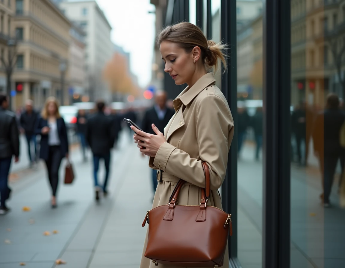 Femme en trench coat envoyant un message secret sur son téléphone devant un immeuble de bureaux, illustrant la double vie dans un couple