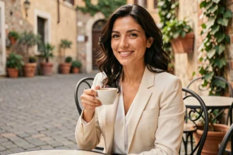 Femme d'origine italienne souriante dans un café en terrasse, ambiance méditerranéenne chaleureuse