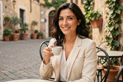 Femme d'origine italienne souriante dans un café en terrasse, ambiance méditerranéenne chaleureuse