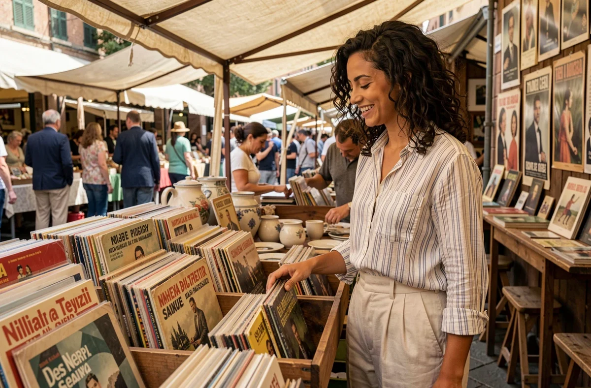 Femme aux origines italiennes explorant un marché vintage en plein air en Italie avec des affiches rétro
